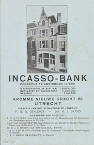 711316 Reclamekaart van de Incasso-Bank, Kromme Nieuwegracht 82 te Utrecht. Directie van het Bijkantoor te Utrecht: ...